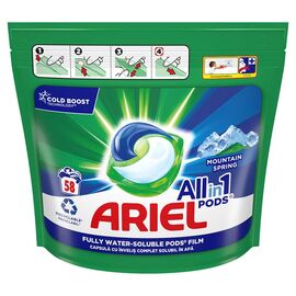 Capsule pentru spalare ARIEL Mountain Spring, pentru rufe albe, spalare automata, 58 buc