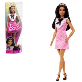 Papusa BARBIE, Fashionista cu parul negru si rochie cu carouri